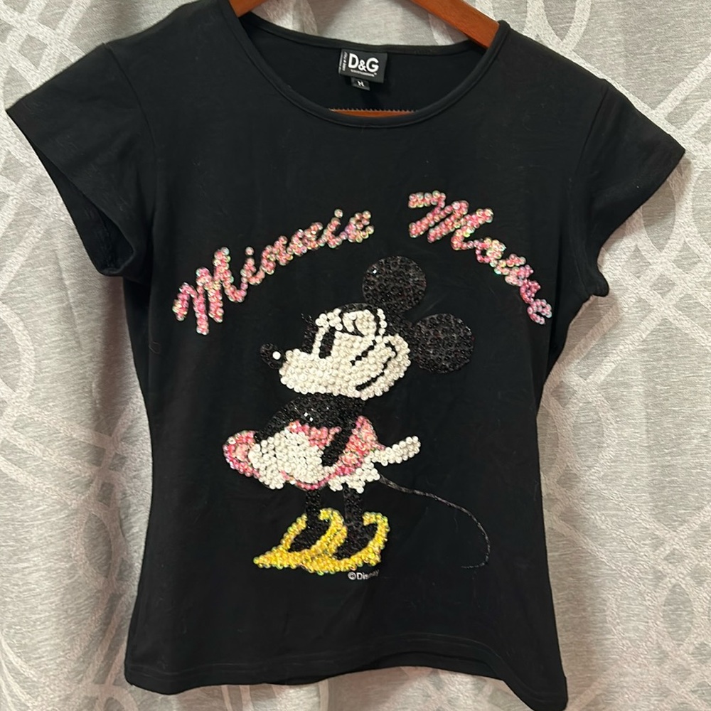 DOLCE & GABBANA D&G Minnie Bead Embroidery T-shirt Tops Women M Black